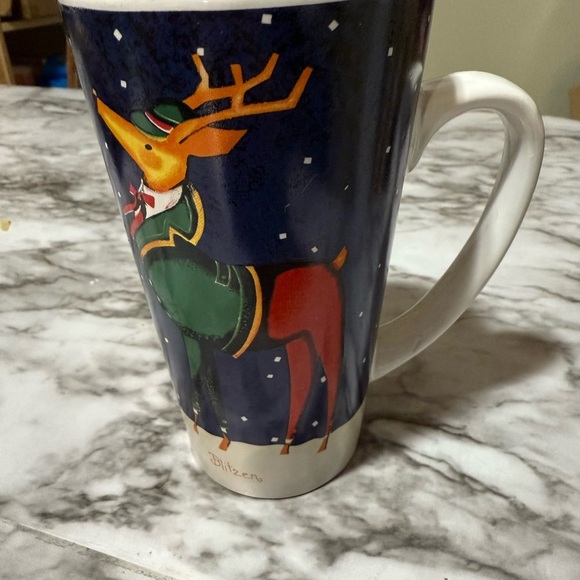 Festive Reindeer Coffee Mug – Blue & White Holiday Ceramic Cup - Picture 3 of 5